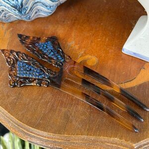 Art Deco Celluloid Tortoise Shell Hair Comb with Blue Rhinestones